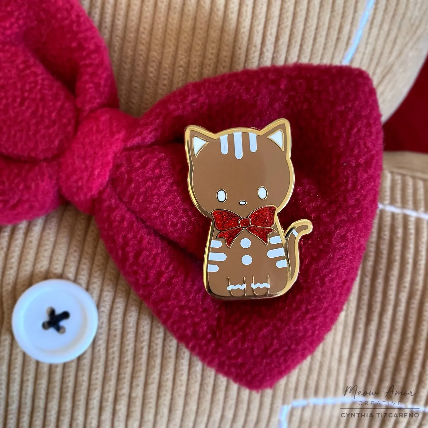 Gingerbread Cat Glitter Red Bow Enamel Pin