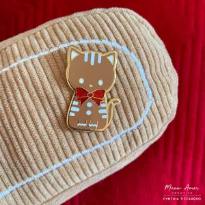 Gingerbread Cat Glitter Red Bow Enamel Pin