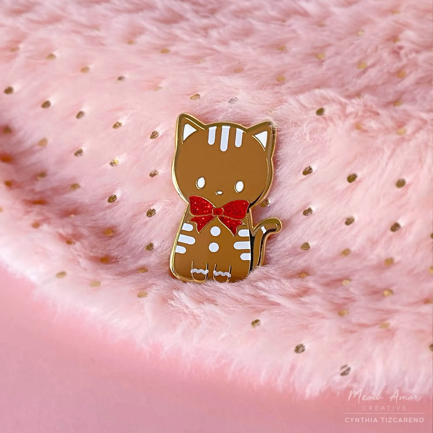 Gingerbread Cat Glitter Red Bow Enamel Pin