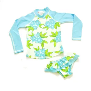 Girls Long Sleeve Rashguard and Ruffle Bikini Bottom - Lagoon