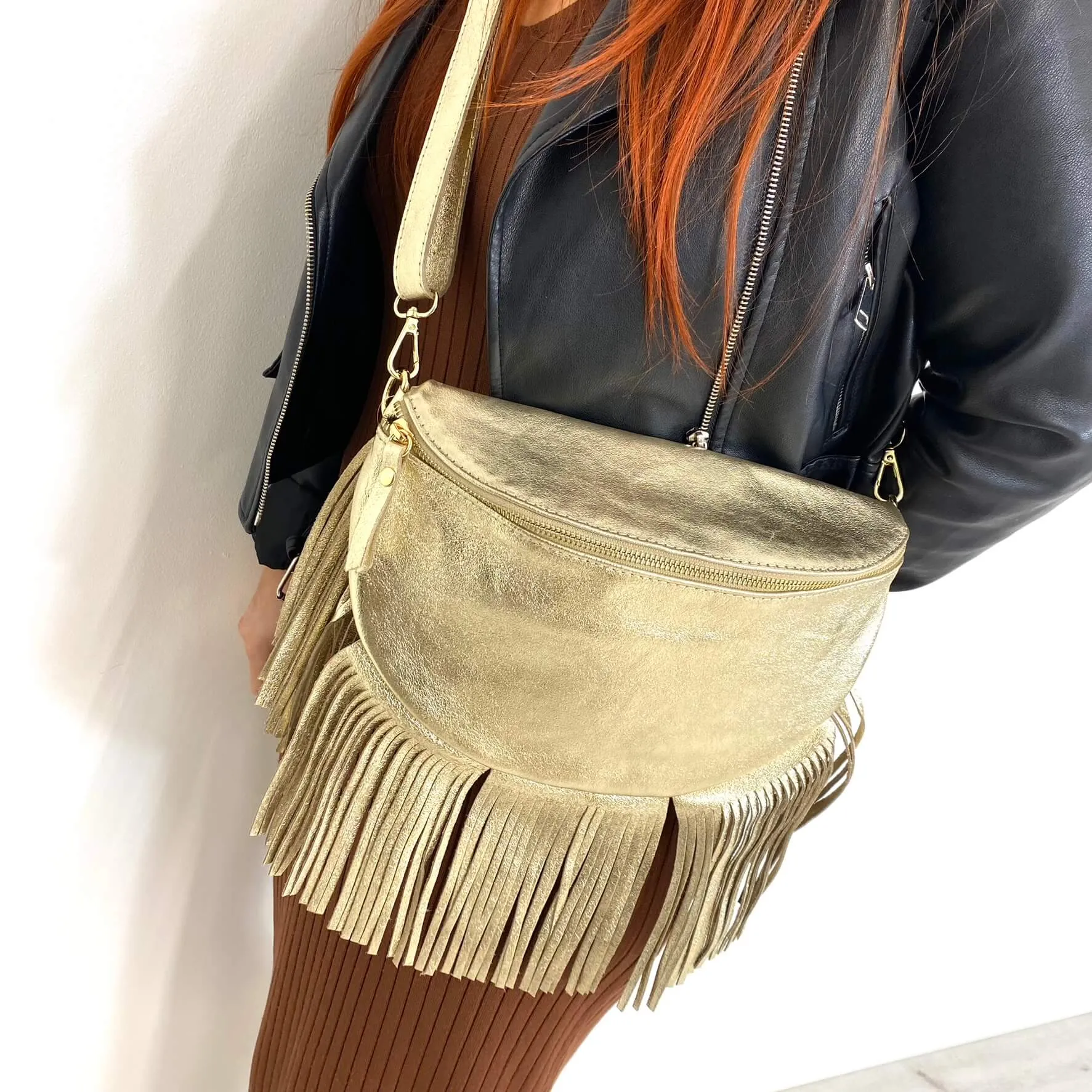 Gold Leather Fringed Crossbody Bag