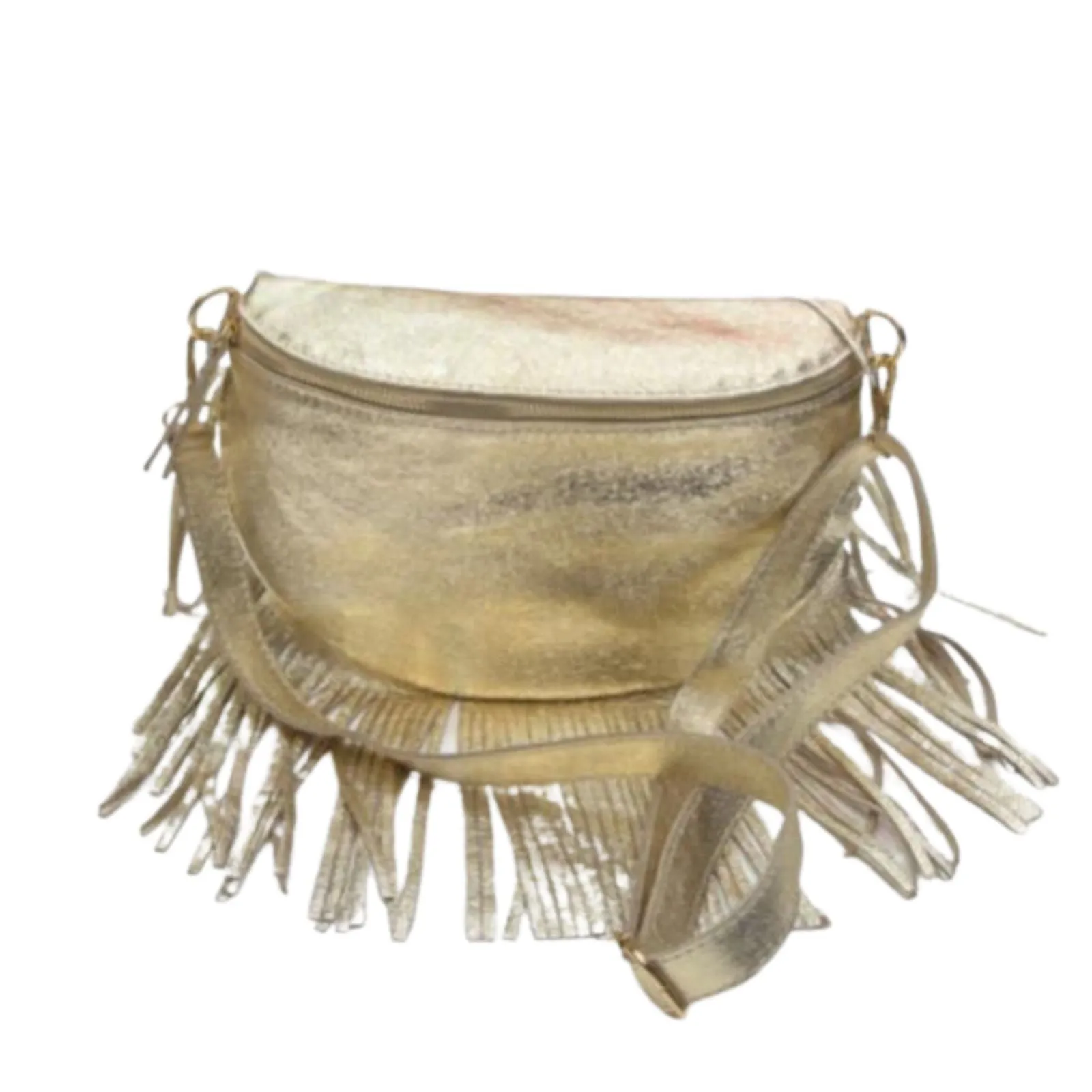 Gold Leather Fringed Crossbody Bag