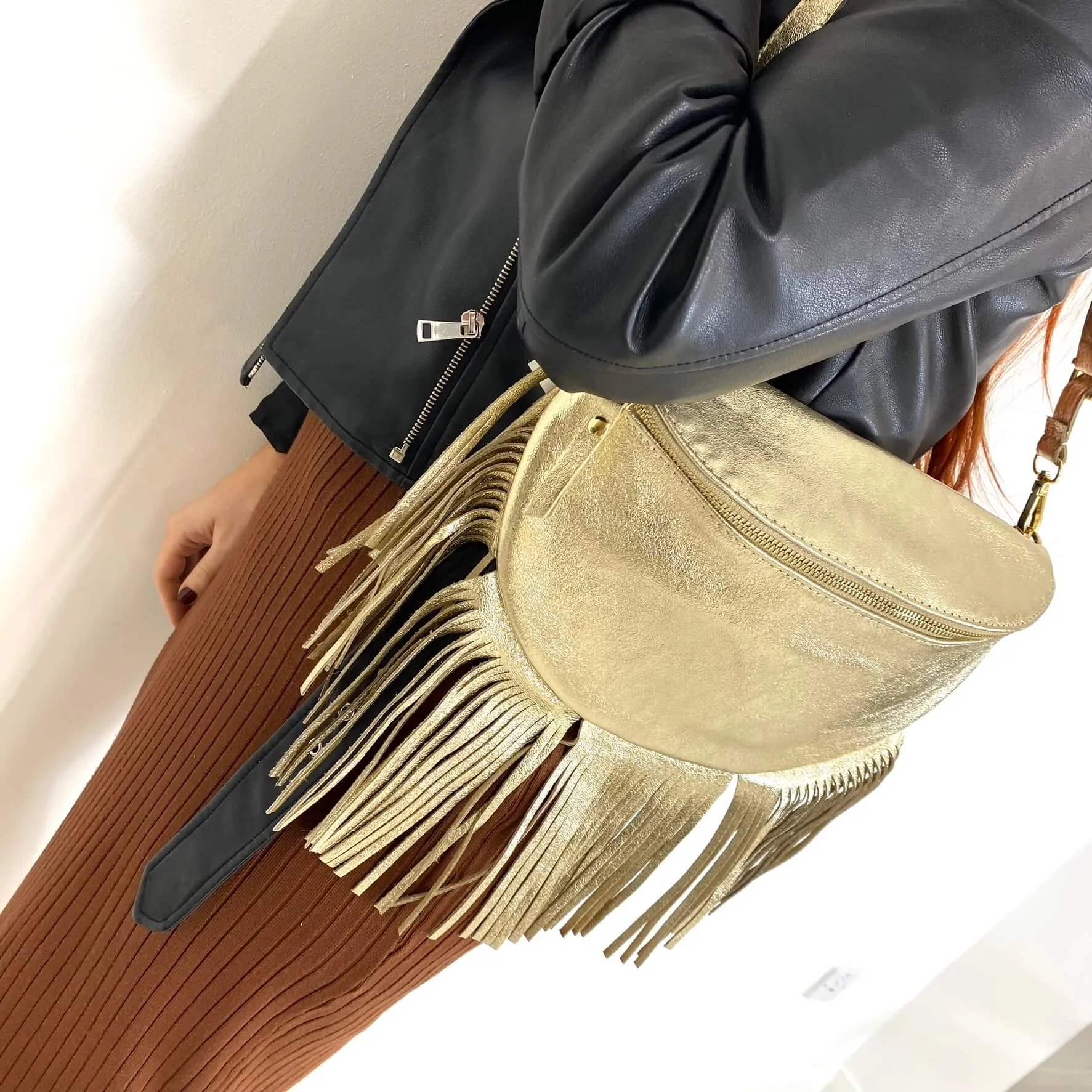 Gold Leather Fringed Crossbody Bag