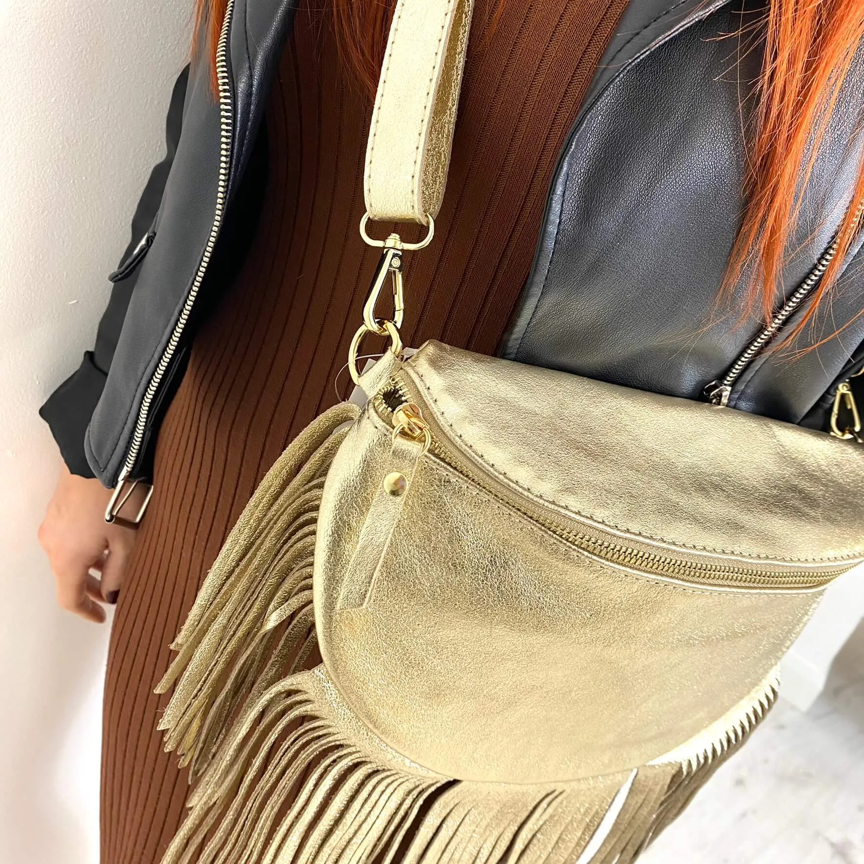 Gold Leather Fringed Crossbody Bag