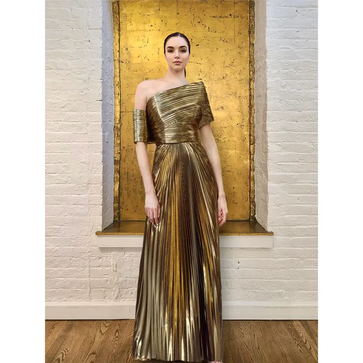 Gold Metallic Plissé Structured Top