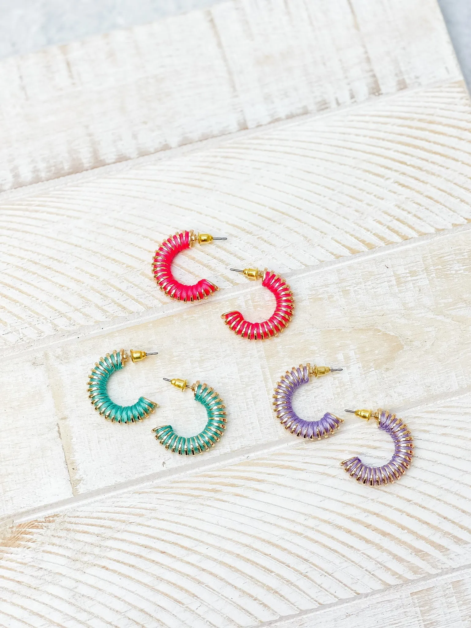 Gold Threaded Hoop Earrings - Hot Pink