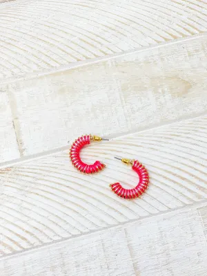Gold Threaded Hoop Earrings - Hot Pink