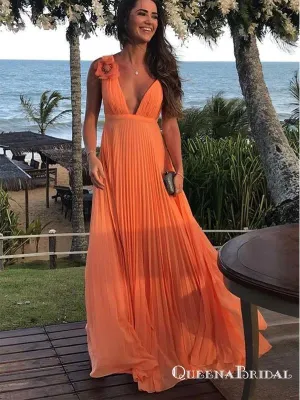 Gorgeous A Line V Neck Chiffon Orange Pleats Long Prom Dresses with Flower, QB0769