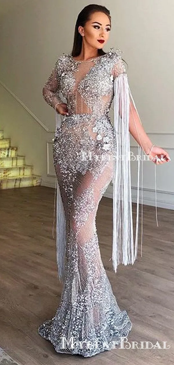 Gorgeous Newest Bateau Long Sleeves Heavy Beaded Long Cheap Mermaid Prom Dresses, PDS0020
