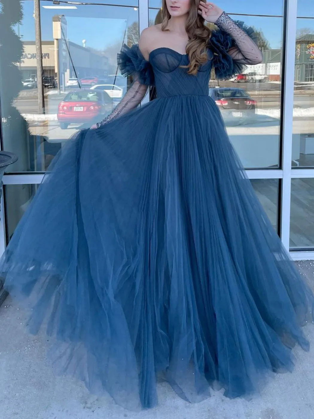 Gray blue tulle long prom dress, gray tulle formal dress