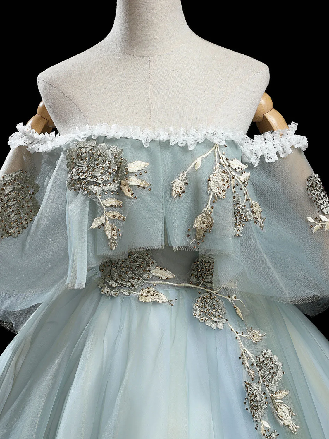Gray green tulle lace long prom dress, green tulle formal dress