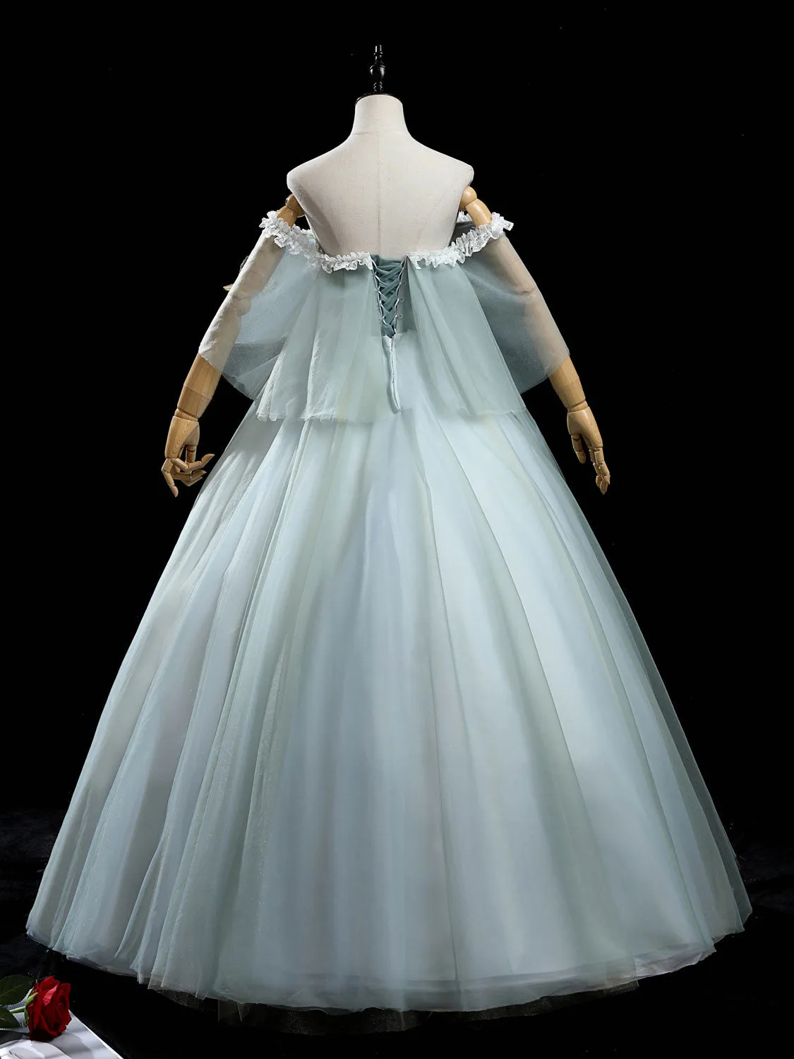 Gray green tulle lace long prom dress, green tulle formal dress