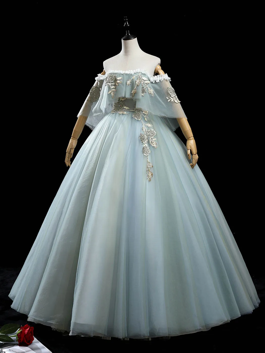 Gray green tulle lace long prom dress, green tulle formal dress