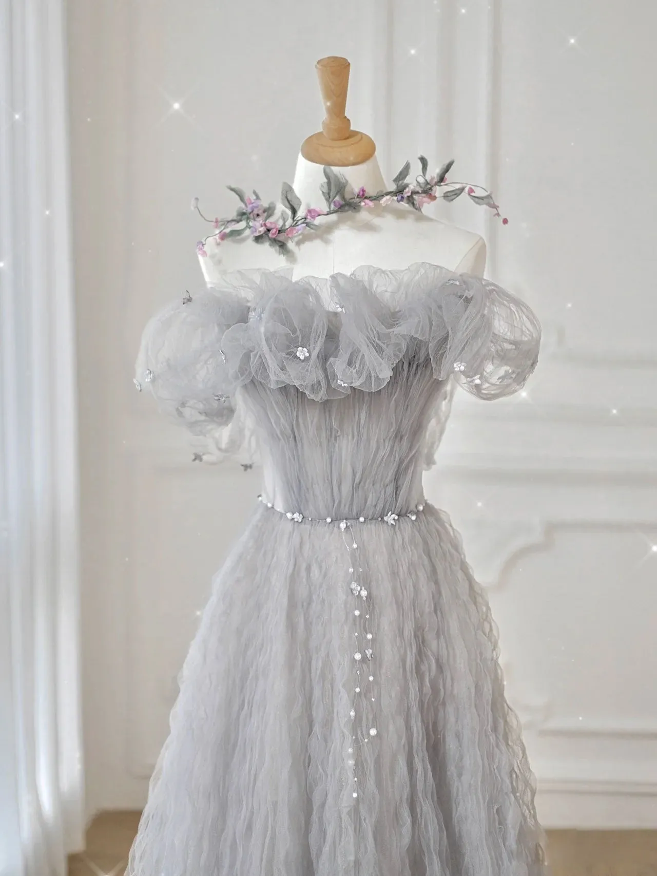 Gray tulle sequin long prom dress, gray tulle formal dress