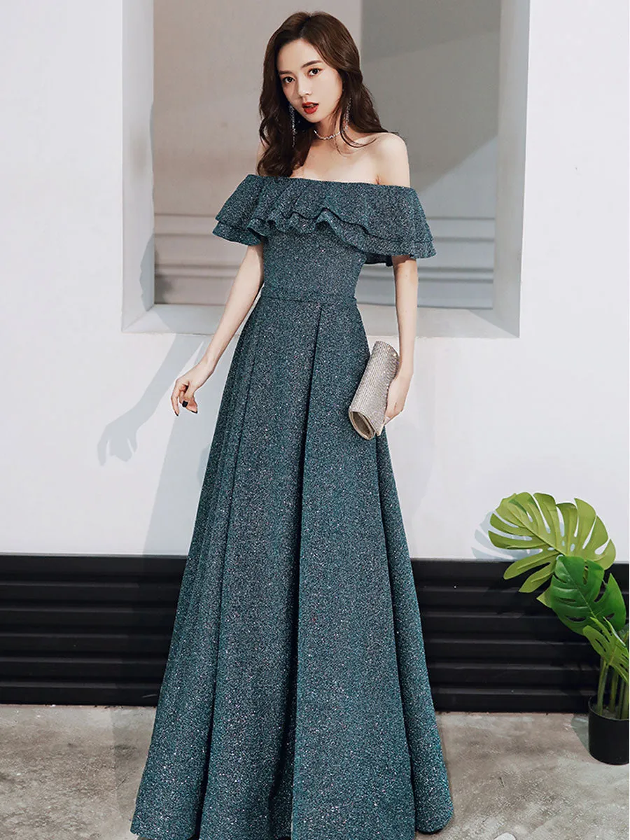 Green A line  off shoulder long prom dress, green bridesmaid dress
