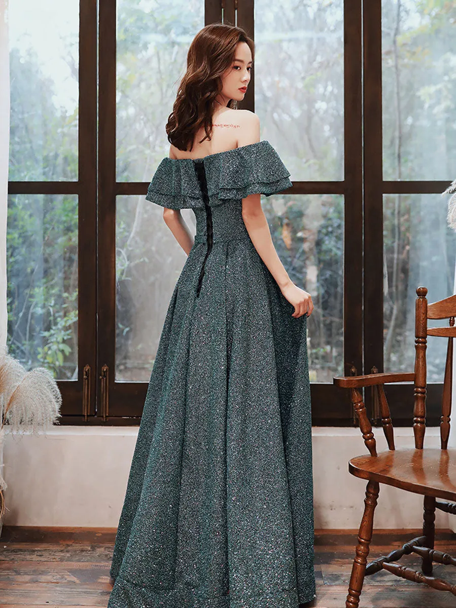 Green A line  off shoulder long prom dress, green bridesmaid dress
