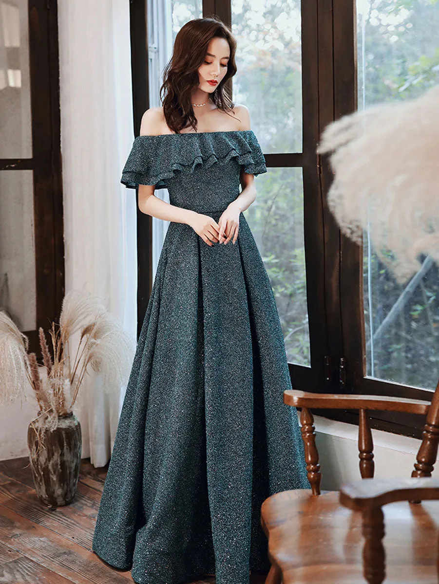 Green A line  off shoulder long prom dress, green bridesmaid dress