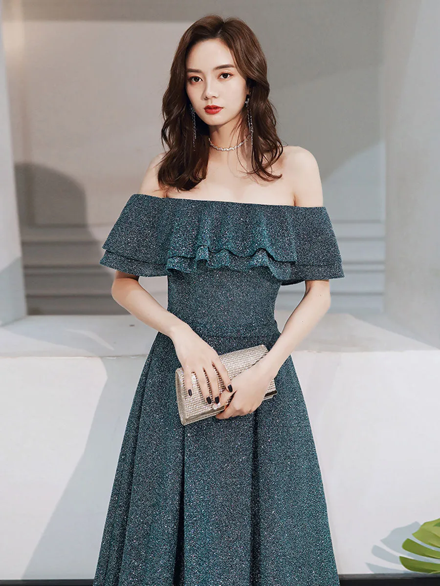 Green A line  off shoulder long prom dress, green bridesmaid dress