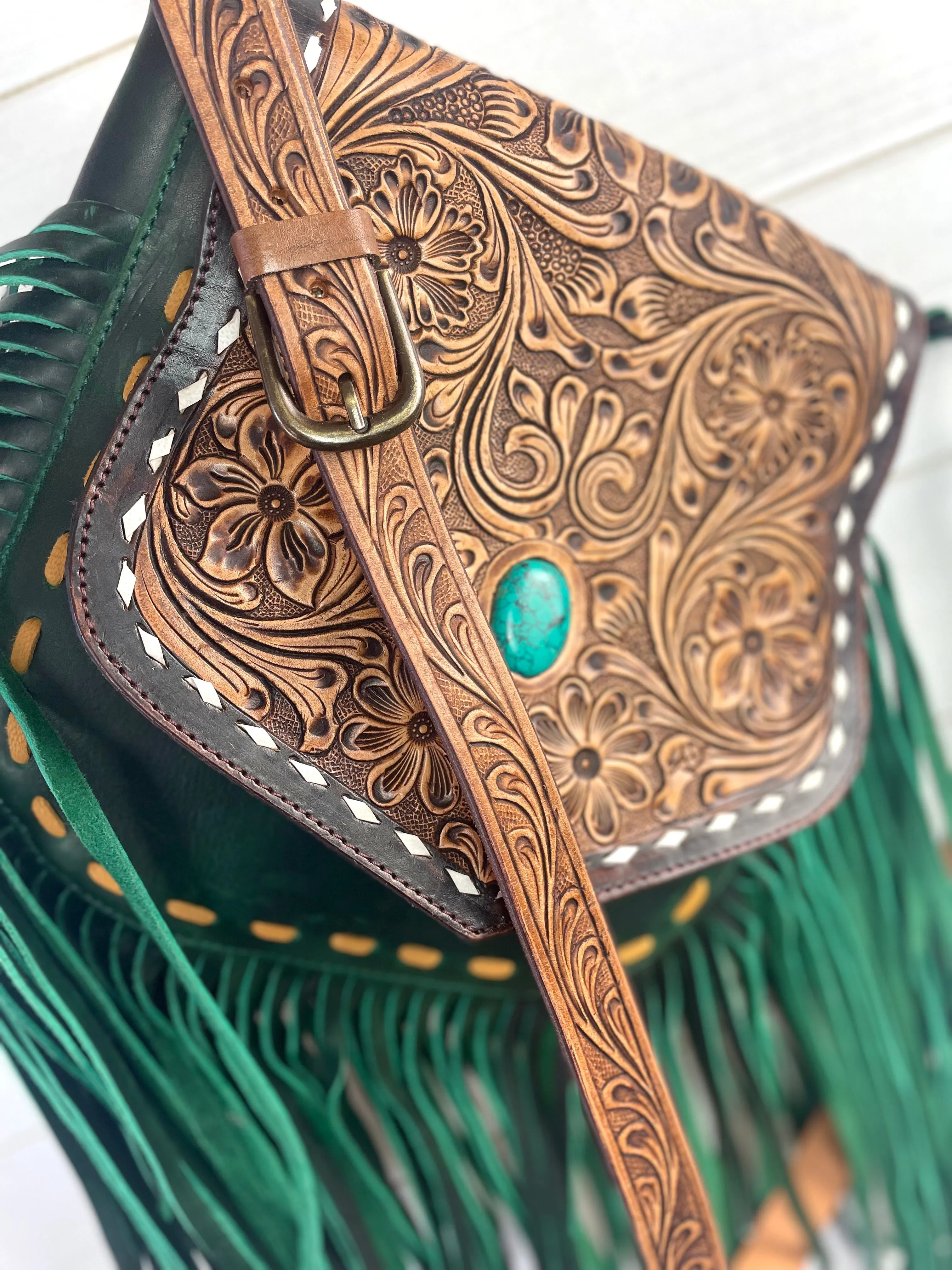 Green Leather Tooled Flap Fringe Bag