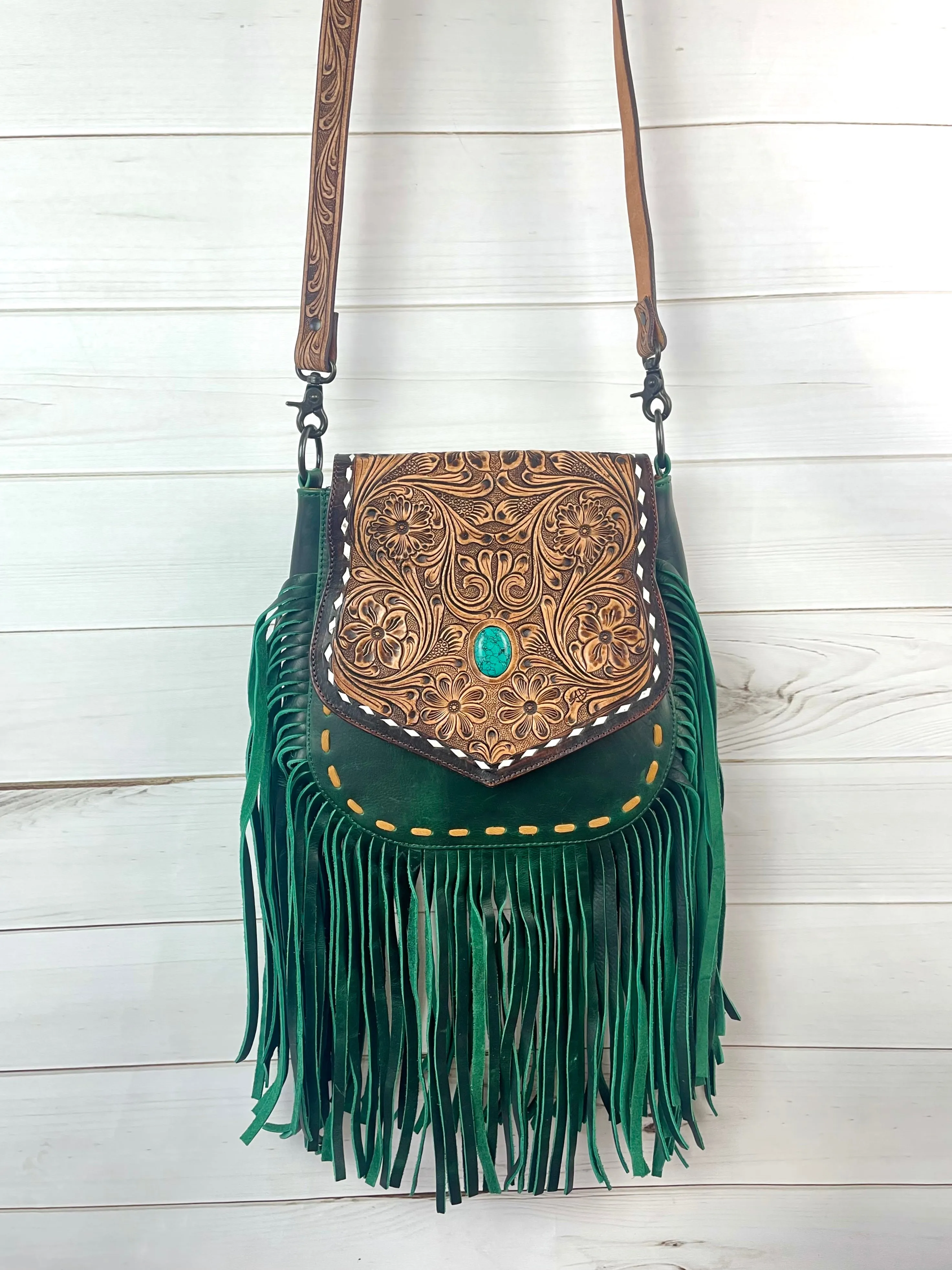 Green Leather Tooled Flap Fringe Bag
