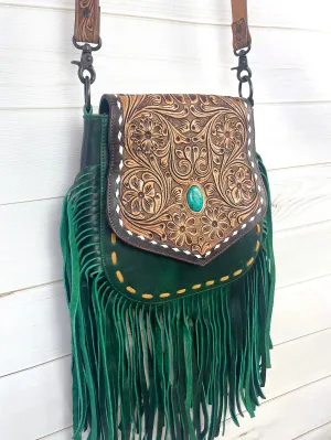 Green Leather Tooled Flap Fringe Bag