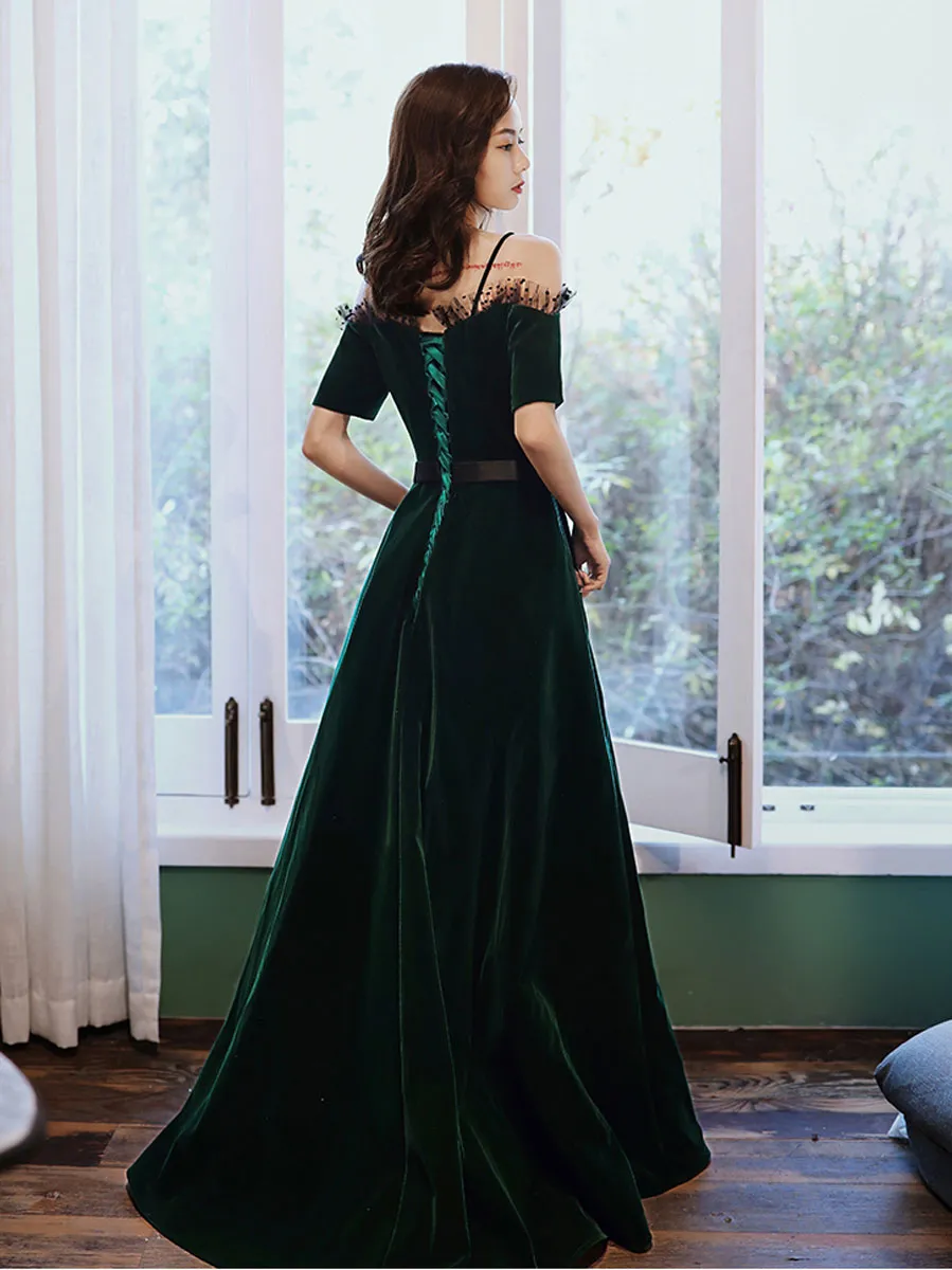 Green v neck velvet long prom dress, green evening dress