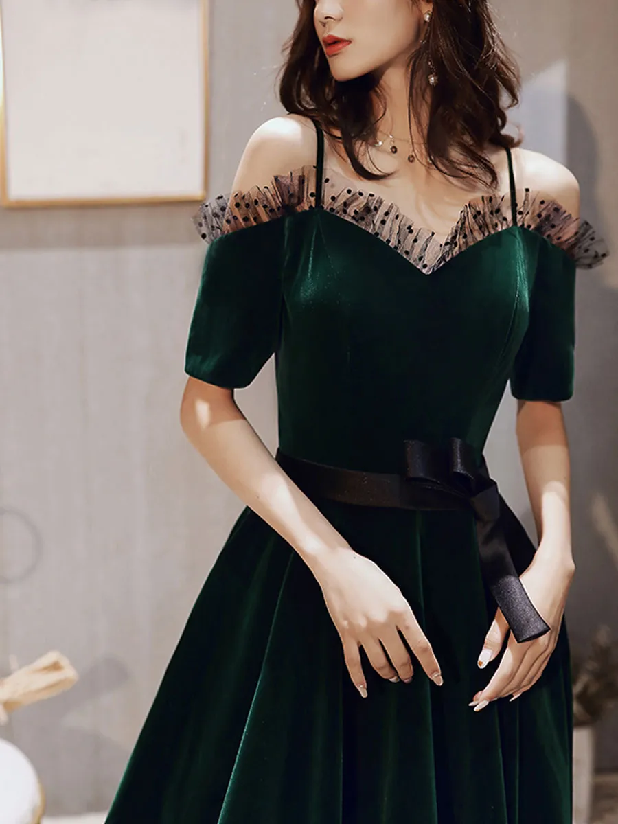 Green v neck velvet long prom dress, green evening dress