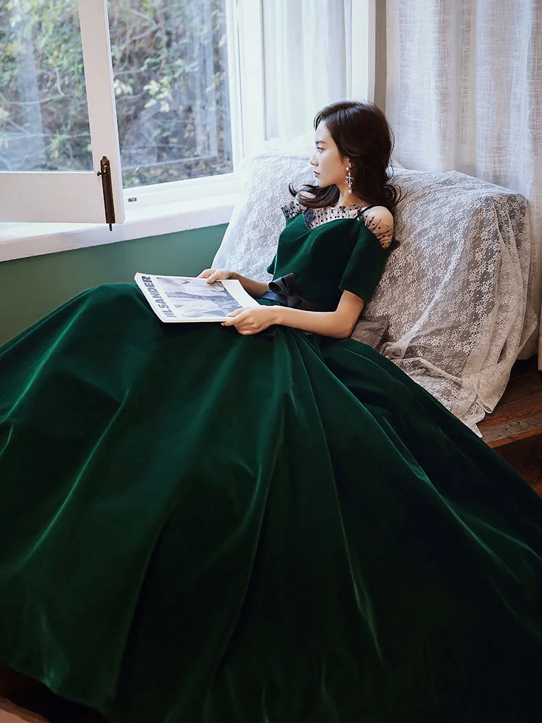 Green v neck velvet long prom dress, green evening dress