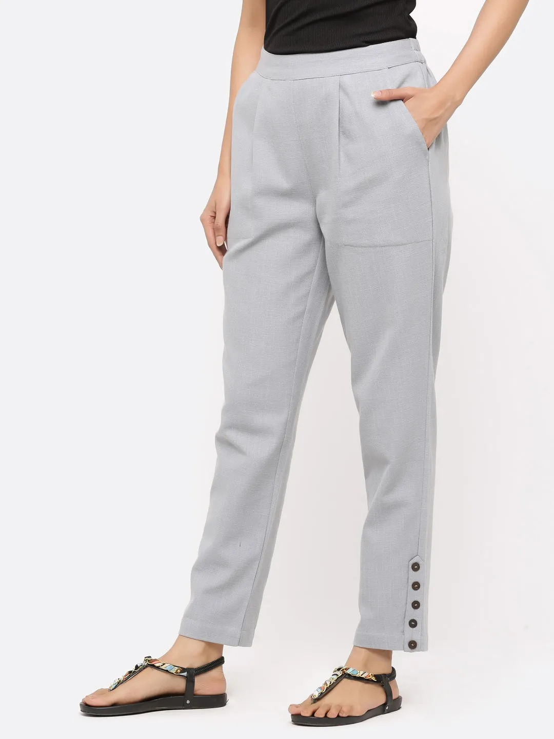Grey Solid Cotton Slub Pants
