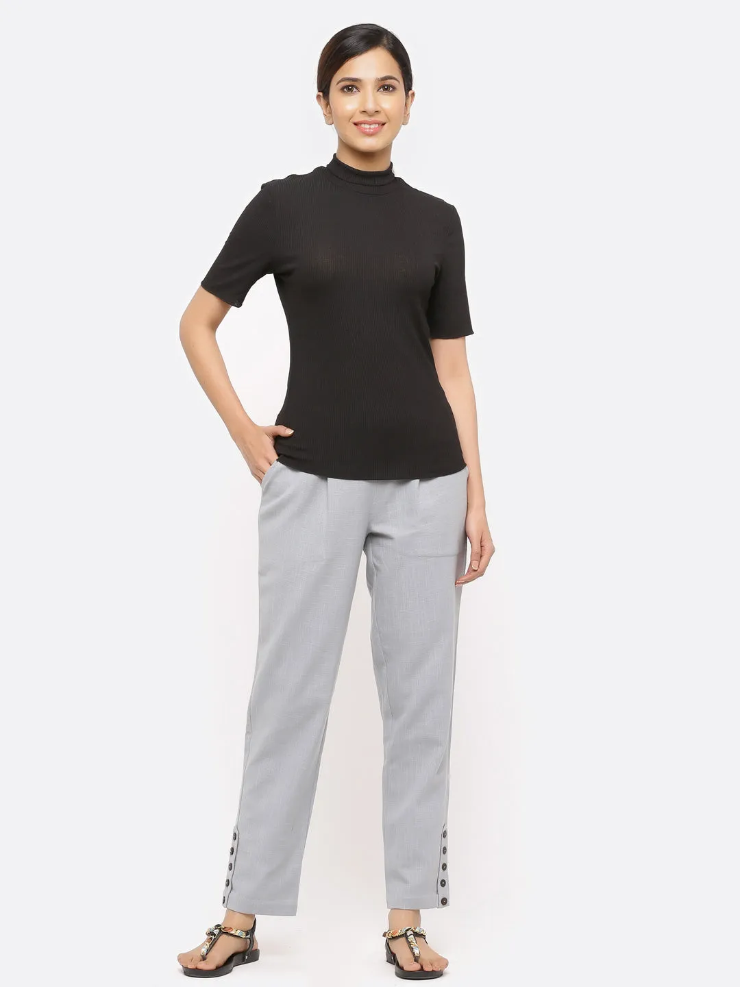 Grey Solid Cotton Slub Pants