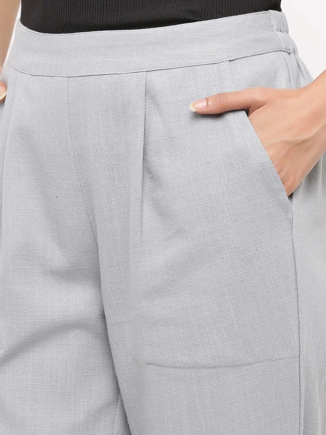 Grey Solid Cotton Slub Pants