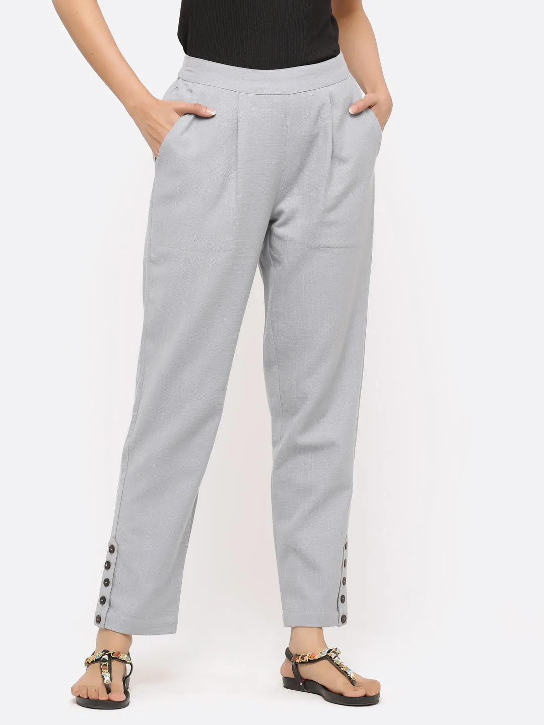 Grey Solid Cotton Slub Pants