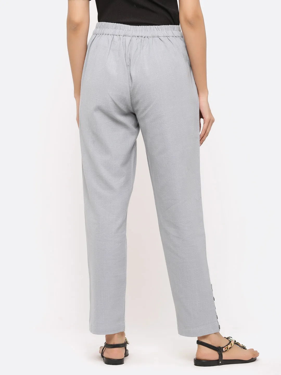 Grey Solid Cotton Slub Pants