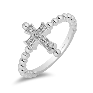 Hallmark Fine Jewelry Petite Beaded Cross Ring in Sterling Silver with Diamonds