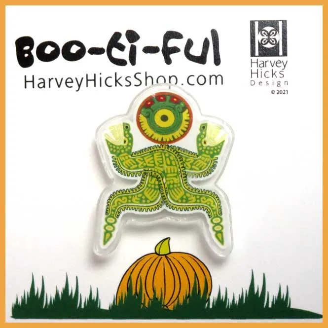 Halloween pin featuring a leaf nose bat, blue