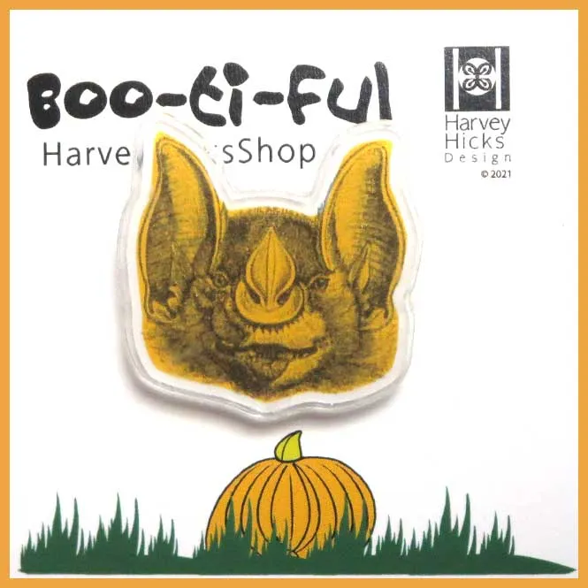 Halloween pin featuring a leaf nose bat, blue