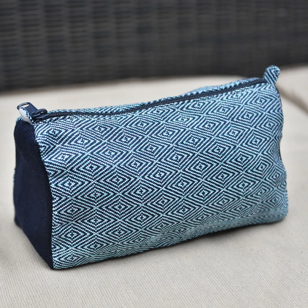 Hand Woven Cosmetic Bag | Turquoise Navy Diamonds