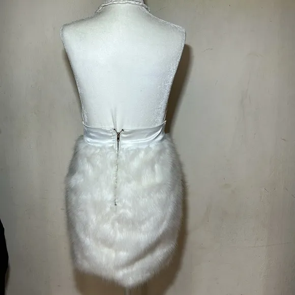 Hera Collection White Halter Dress with Faux Fur Bottom Size Small