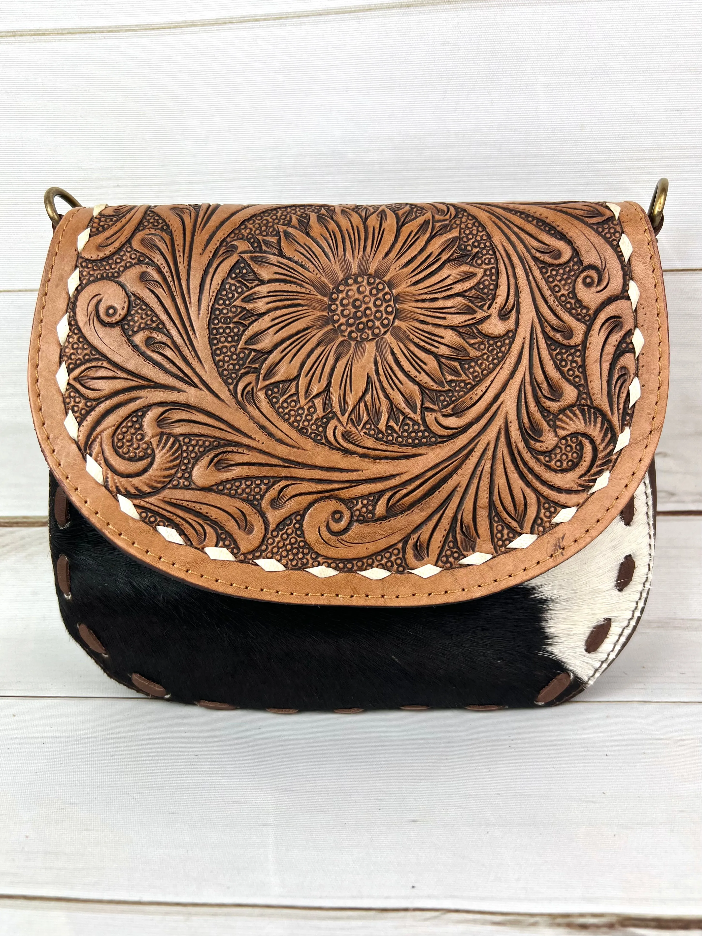 Hide Buckstitch Leather Saddle Bag Style Handbag
