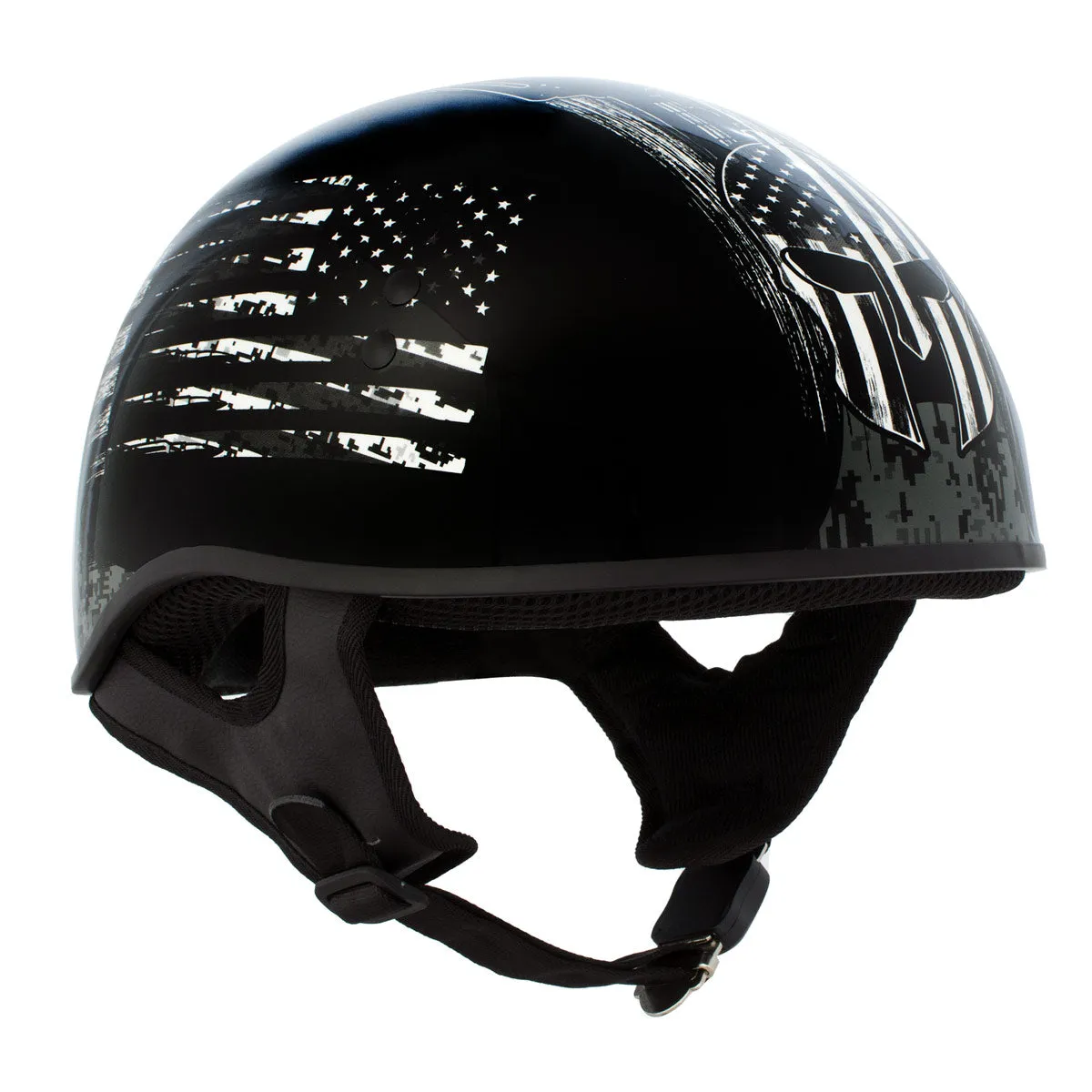 HLD1043 Gloss Black 'Black and White Warrior Bullet' Advanced DOT Skull Half Helmet for Men and Women