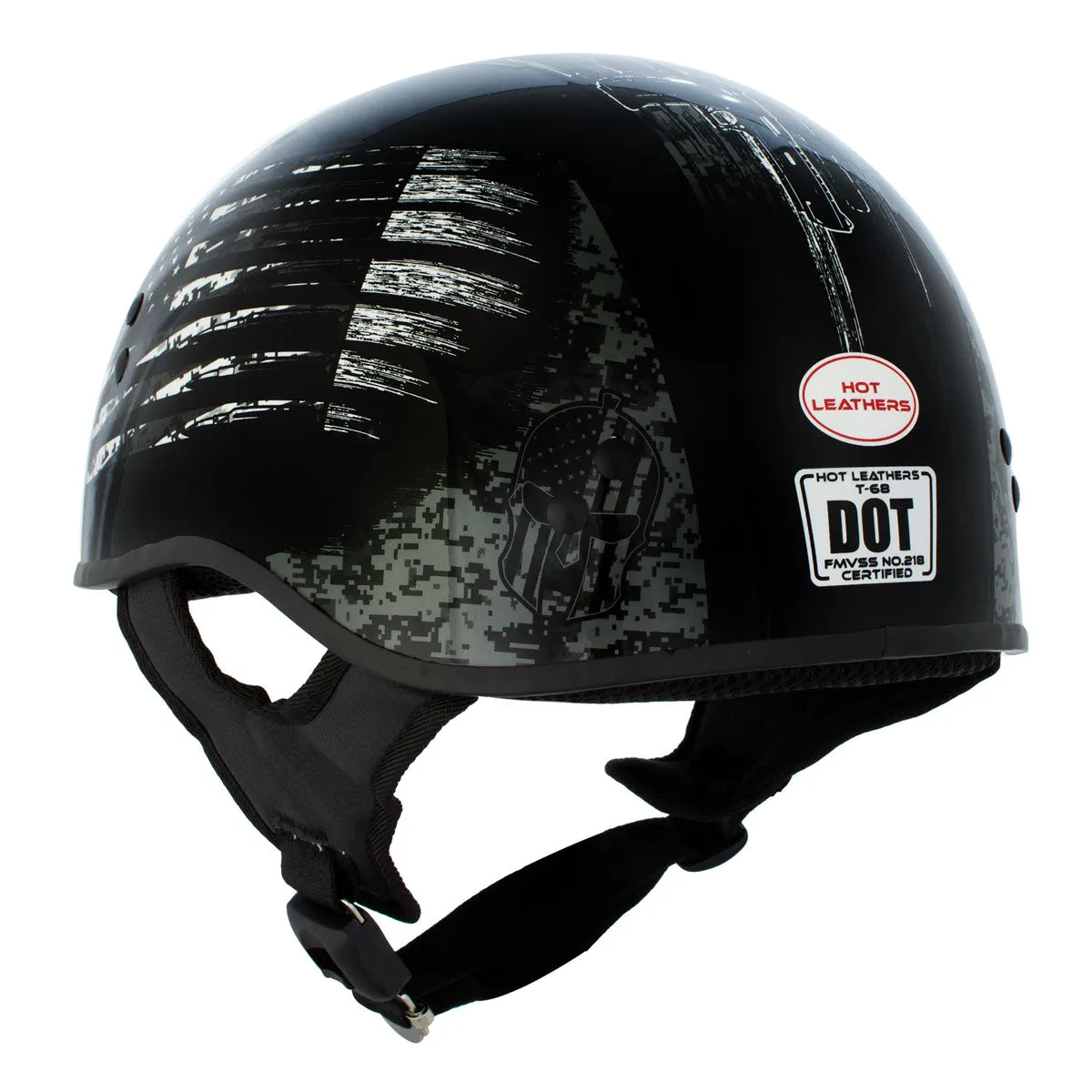 HLD1043 Gloss Black 'Black and White Warrior Bullet' Advanced DOT Skull Half Helmet for Men and Women