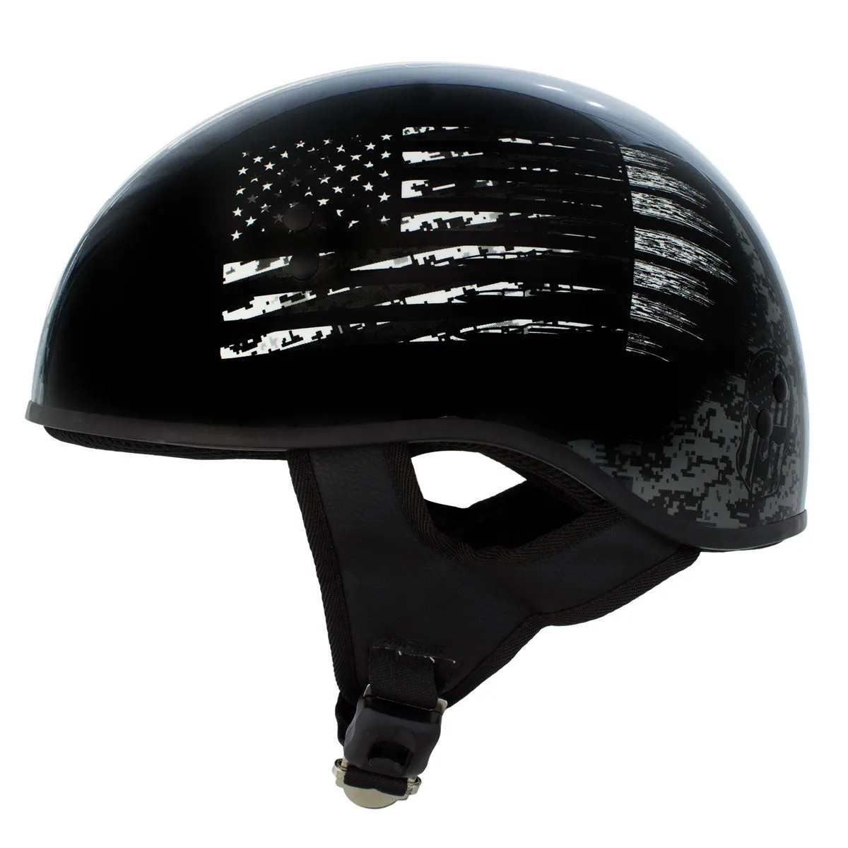 HLD1043 Gloss Black 'Black and White Warrior Bullet' Advanced DOT Skull Half Helmet for Men and Women