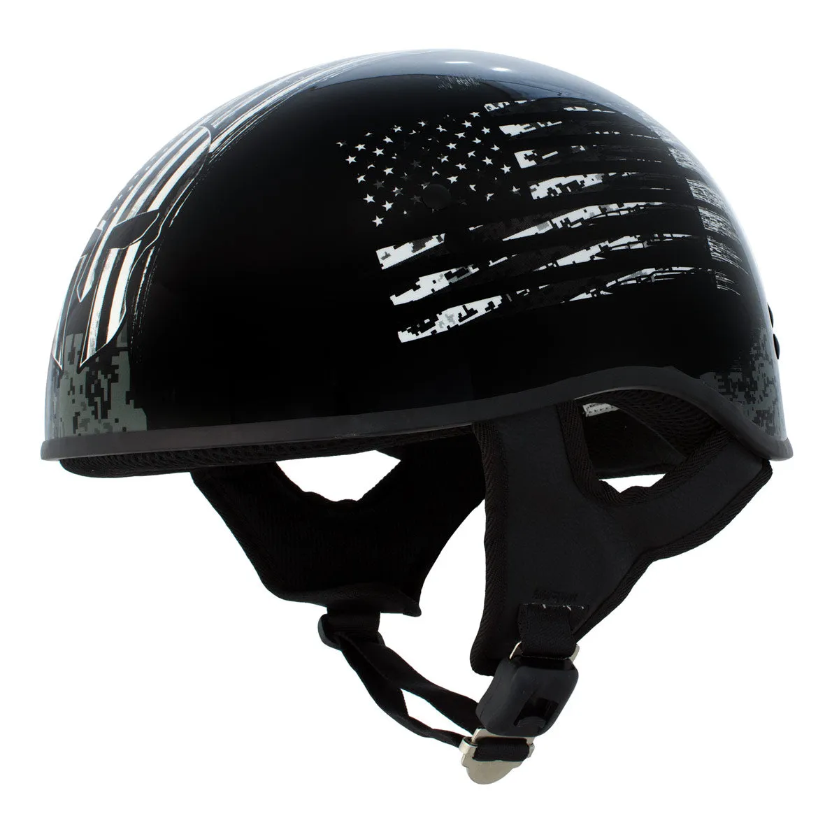 HLD1043 Gloss Black 'Black and White Warrior Bullet' Advanced DOT Skull Half Helmet for Men and Women