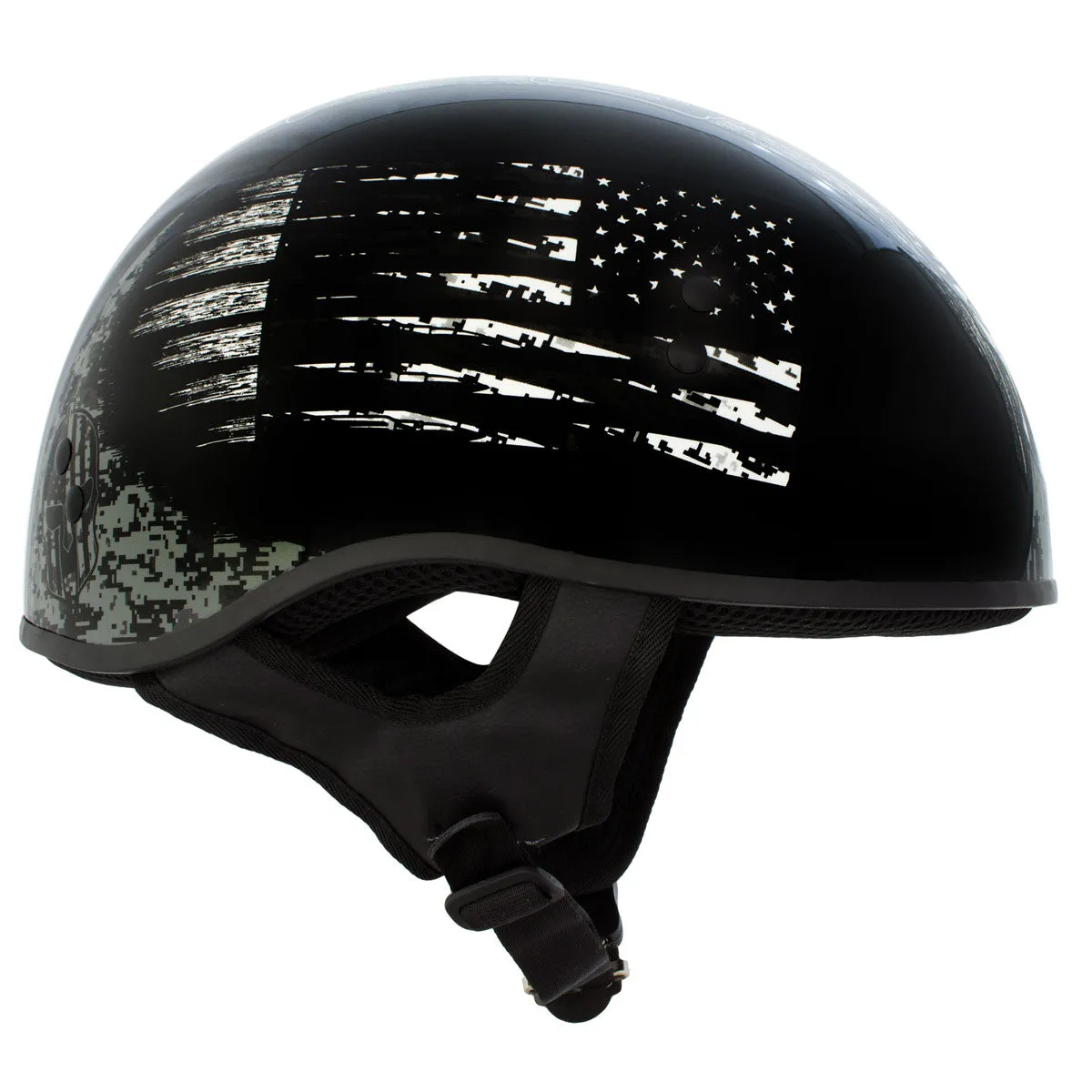 HLD1043 Gloss Black 'Black and White Warrior Bullet' Advanced DOT Skull Half Helmet for Men and Women