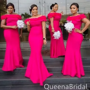 Hot Pink Off Shoulder Mermaid Ruched Garden Long Charming Bridesmaid Dresses , BDS0155