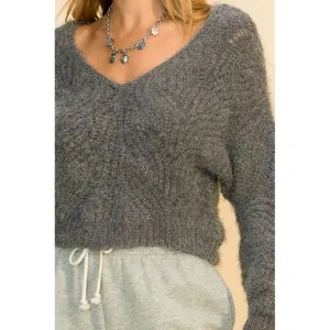 HYFVE WOMENS GREY SOFT FUZZY V-NECK SWEATER SZ: S/M/L