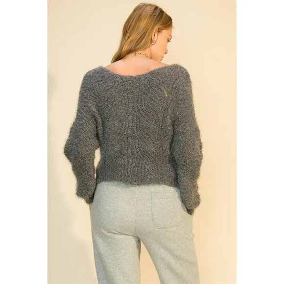 HYFVE WOMENS GREY SOFT FUZZY V-NECK SWEATER SZ: S/M/L