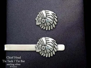 Indian Chief Head Tie Tack or Indian Chief Head Tie Bar / Tie Clip Sterling Silver