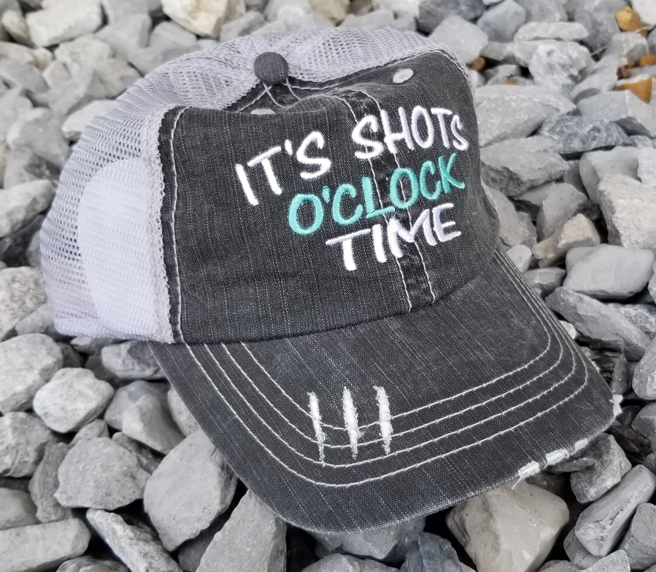 Its Shots O'clock Time, low profile black distressed cap