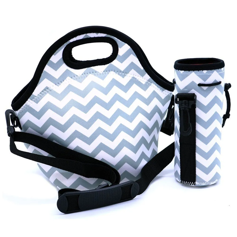 JDWNF Reusable Lunch Bags Carry Cases with Water Bottle Tote, Insulated lunch Tote Neoprene Water Resistant Portable Lunch boxes Handbag Pouch with Zipper Strap Perfect for Women Men Kids (Gray)